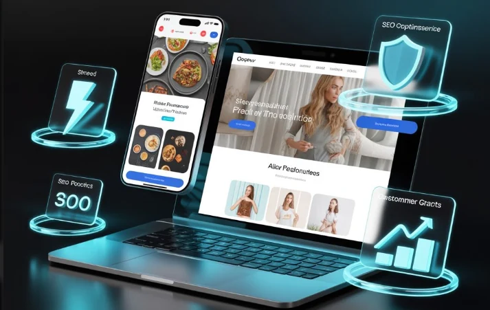 Ejemplo de sitio web comercial presentado en notebook