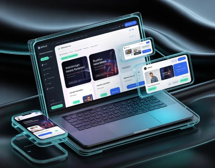 Ejemplo de diseño web premium responsive en notebook, tablet y teléfono